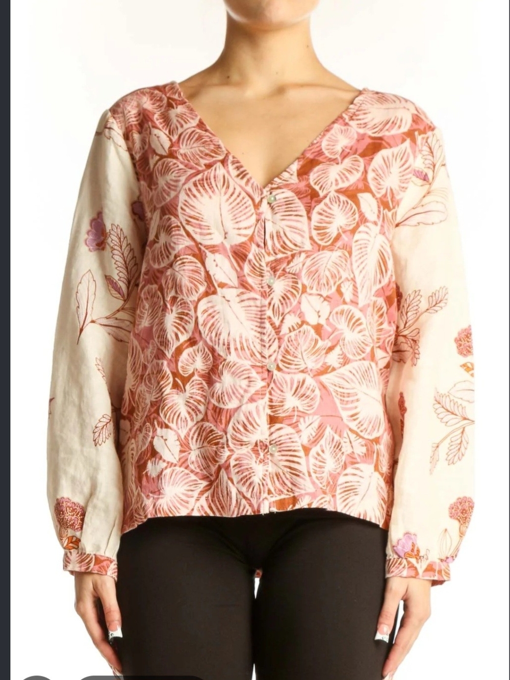 Tahari Floral Linen Long-Sleeve Blouse - Pink Cream Size Medium